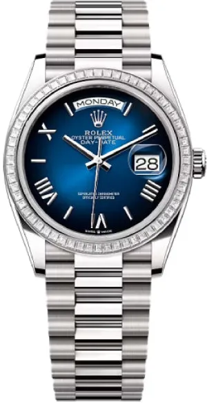   x Day-Date 36 36mm Blue Ombr Roman Dial Diamond-Set Bezel President Bracelet - 128399TBR | 2024 Model Day-Date Watches Affordable Day-Date Watch