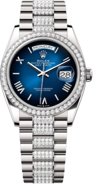   x Day-Date 36 36mm Blue Ombr Roman Dial Diamond-Set Bezel with Diamond-Set President Bracelet - 128349RBR | 2024 Model Day-Date Watches Affordable Day-Date Watch