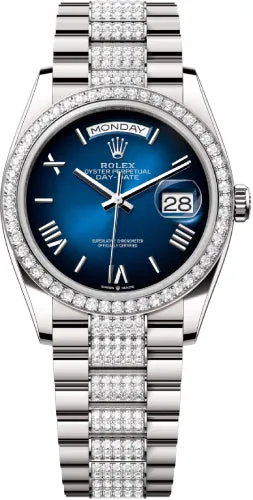   x Day-Date 36 36mm Blue Ombr Roman Dial Diamond-Set Bezel with Diamond-Set President Bracelet - 128349RBR | 2024 Model Day-Date Watches Affordable Day-Date Watch