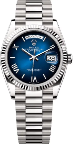   x Day-Date 36 36mm Blue Ombr Roman Dial Fluted Bezel President Bracelet - 128239 | 2024 Model Day-Date Watches Affordable Day-Date Watch