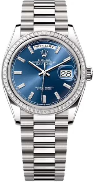   x Day-Date 36 36mm Bright Blue Diamond-Set Dial Diamond-Set Bezel President Bracelet - 128399TBR | 2024 Model Day-Date Watches Affordable Day-Date Watch
