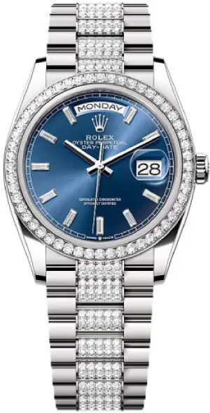   x Day-Date 36 36mm Bright Blue Diamond-Set Dial Diamond-Set Bezel with Diamond-Set President Bracelet - 128349RBR | 2024 Model Day-Date Watches Affordable Day-Date Watch