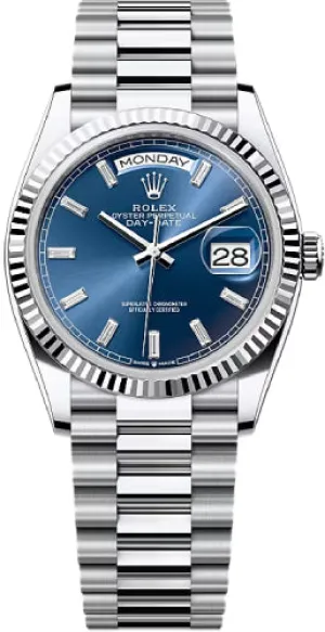   x Day-Date 36 36mm Bright Blue Diamond-Set Dial Fluted Bezel President Bracelet - 128236 | 2024 Model Day-Date Watches Affordable Day-Date Watch