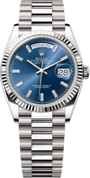   x Day-Date 36 36mm Bright Blue Diamond-Set Dial Fluted Bezel President Bracelet - 128239 | 2024 Model Day-Date Watches Affordable Day-Date Watch