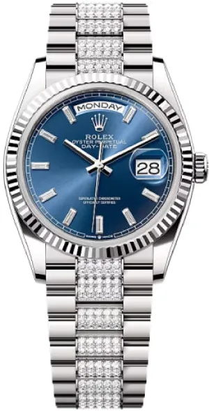   x Day-Date 36 36mm Bright Blue Diamond-Set Dial Fluted Bezel with Diamond-Set President Bracelet - 128239 | 2024 Model Day-Date Watches Affordable Day-Date Watch
