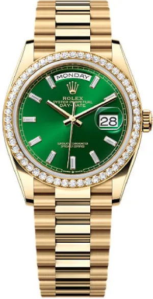   x Day-Date 36 36mm Bright Green Diamond-Set Dial Diamond-Set Bezel President Bracelet - 128348RBR | 2024 Model Day-Date Watches Affordable Day-Date Watch