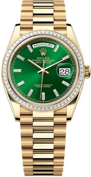   x Day-Date 36 36mm Bright Green Diamond-Set Dial Diamond-Set Bezel President Bracelet - 128398TBR | 2024 Model Day-Date Watches Affordable Day-Date Watch