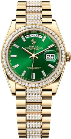   x Day-Date 36 36mm Bright Green Diamond-Set Dial Diamond-Set Bezel with Diamond-Set President Bracelet - 128348RBR | 2024 Model Day-Date Watches Affordable Day-Date Watch