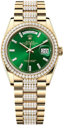   x Day-Date 36 36mm Bright Green Diamond-Set Dial Diamond-Set Bezel with Diamond-Set President Bracelet - 128348RBR | 2024 Model Day-Date Watches Affordable Day-Date Watch