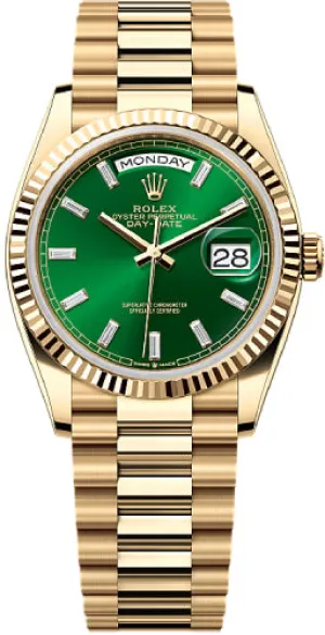   x Day-Date 36 36mm Bright Green Diamond-set Dial Fluted Bezel President Bracelet - 128238 | 2024 Model Day-Date Watches Affordable Day-Date Watch