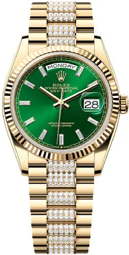   x Day-Date 36 36mm Bright Green Diamond-Set Dial Fluted Bezel with Diamond-Set President Bracelet - 128238 | 2024 Model Day-Date Watches Affordable Day-Date Watch