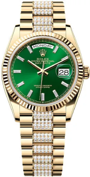   x Day-Date 36 36mm Bright Green Diamond-Set Dial Fluted Bezel with Diamond-Set President Bracelet - 128238 | 2024 Model Day-Date Watches Affordable Day-Date Watch