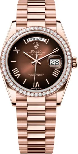   x Day-Date 36 36mm Brown Ombr Dial Diamond Bezel President Bracelet - 128345RBR | 2024 Model Day-Date Watches Affordable Day-Date Watch