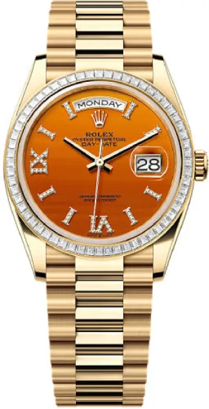   x Day-Date 36 36mm Carnelian Diamond Dial Diamond-Set Bezel President Bracelet - 128398TBR | 2024 Model Day-Date Watches Affordable Day-Date Watch
