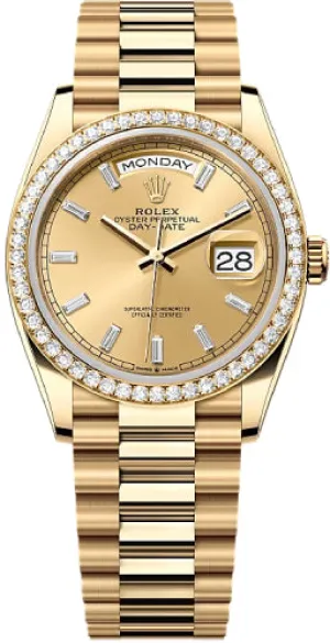   x Day-Date 36 36mm Champagne Colour Diamond-Set Dial Diamond-Set Bezel President Bracelet - 128348RBR | 2024 Model Day-Date Watches Affordable Day-Date Watch