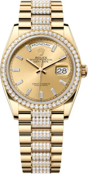   x Day-Date 36 36mm Champagne Diamond-Set Dial Diamond-Set Bezel with Diamond-Set President Bracelet - 128348RBR | 2024 Model Day-Date Watches Affordable Day-Date Watch