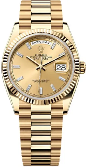   x Day-Date 36 36mm Champagne Diamond-set Dial Fluted Bezel President Bracelet - 128238 | 2024 Model Day-Date Watches Affordable Day-Date Watch