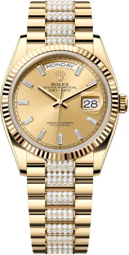   x Day-Date 36 36mm Champagne Diamond-Set Dial Fluted Bezel with Diamond-Set President Bracelet - 128238 | 2024 Model Day-Date Watches Affordable Day-Date Watch