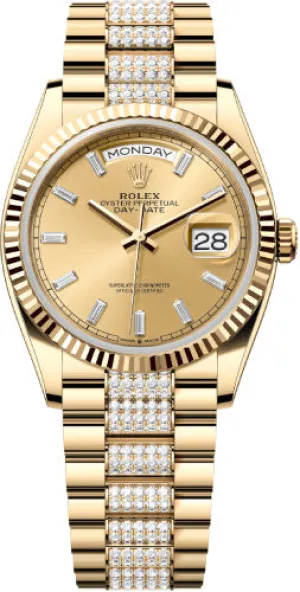   x Day-Date 36 36mm Champagne Diamond-Set Dial Fluted Bezel with Diamond-Set President Bracelet - 128238 | 2024 Model Day-Date Watches Affordable Day-Date Watch