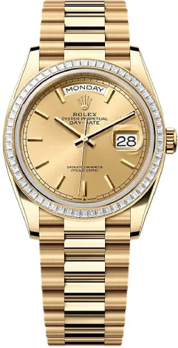   x Day-Date 36 36mm Champagne Stick Dial Diamond-Set Bezel President Bracelet - 128398TBR | 2024 Model Day-Date Watches Affordable Day-Date Watch