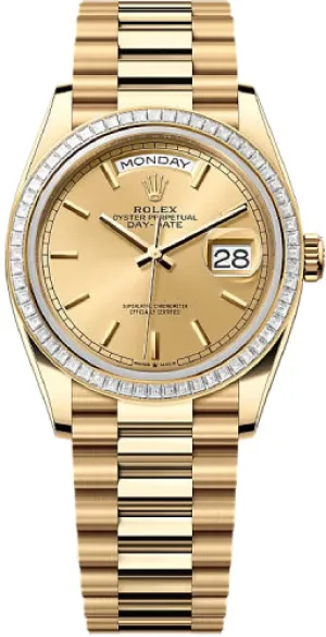   x Day-Date 36 36mm Champagne Stick Dial Diamond-Set Bezel President Bracelet - 128398TBR | 2024 Model Day-Date Watches Affordable Day-Date Watch