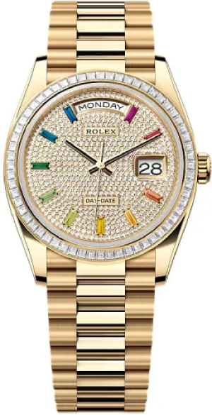   x Day-Date 36 36mm Diamond-Paved Dial Diamond-Set Bezel President Bracelet - 128398TBR | 2024 Model Day-Date Watches Affordable Day-Date Watch