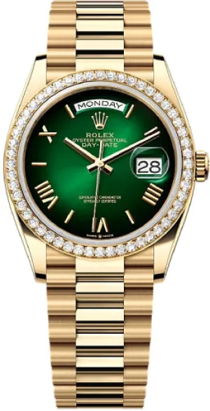   x Day-Date 36 36mm Green Ombr Dial Diamond-Set Bezel President Bracelet - 128348RBR | 2024 Model Day-Date Watches Affordable Day-Date Watch