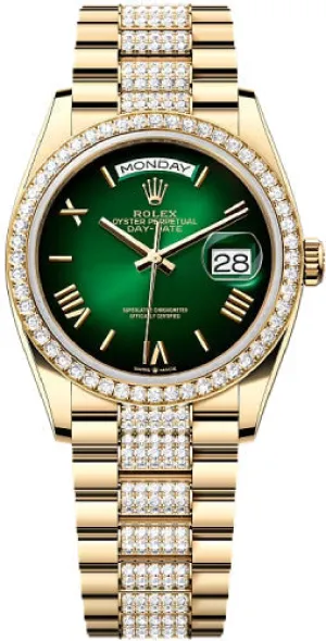   x Day-Date 36 36mm Green Ombr Dial Diamond-Set Bezel with Diamond-Set President Bracelet - 128348RBR | 2024 Model Day-Date Watches Affordable Day-Date Watch
