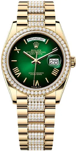   x Day-Date 36 36mm Green Ombr Dial Diamond-Set Bezel with Diamond-Set President Bracelet - 128348RBR | 2024 Model Day-Date Watches Affordable Day-Date Watch