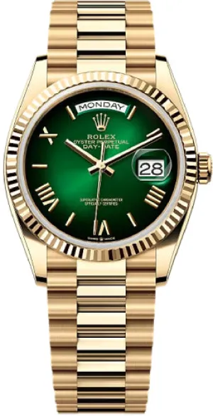   x Day-Date 36 36mm Green Ombr Dial Fluted Bezel President Bracelet - 128238 | 2024 Model Day-Date Watches Affordable Day-Date Watch