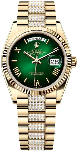   x Day-Date 36 36mm Green Ombr Dial Fluted Bezel with Diamond-Set President Bracelet - 128238 | 2024 Model Day-Date Watches Affordable Day-Date Watch