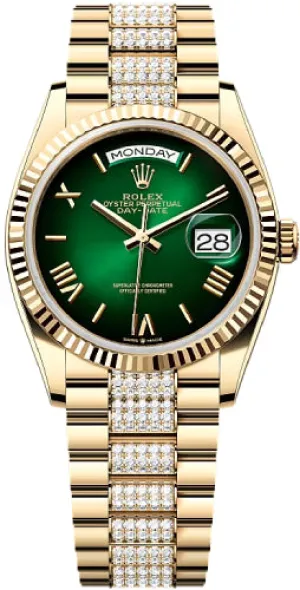   x Day-Date 36 36mm Green Ombr Dial Fluted Bezel with Diamond-Set President Bracelet - 128238 | 2024 Model Day-Date Watches Affordable Day-Date Watch