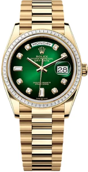   x Day-Date 36 36mm Green Ombr Diamond Dial Diamond-Set Bezel President Bracelet - 128398TBR | 2024 Model Day-Date Watches Affordable Day-Date Watch