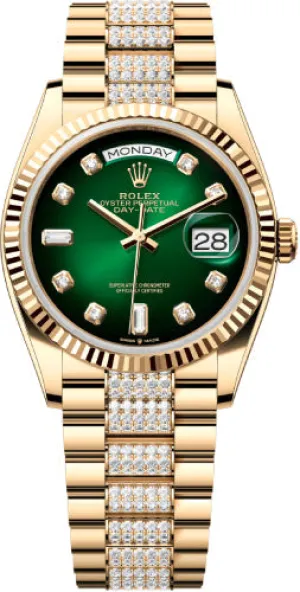   x Day-Date 36 36mm Green Ombr Diamond-Set Dial Fluted Bezel with Diamond-Set President Bracelet - 128238 | 2024 Model Day-Date Watches Affordable Day-Date Watch