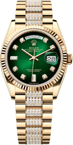   x Day-Date 36 36mm Green Ombr Diamond-Set Dial Fluted Bezel with Diamond-Set President Bracelet - 128238 | 2024 Model Day-Date Watches Affordable Day-Date Watch