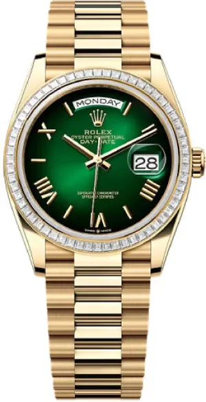   x Day-Date 36 36mm Green Ombr Roman Dial Diamond-Set Bezel President Bracelet - 128398TBR | 2024 Model Day-Date Watches Affordable Day-Date Watch