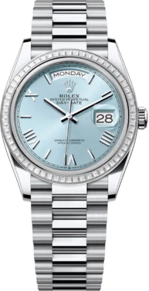   x Day-Date 36 36mm Ice-Blue Roman Dial Diamond-Set Bezel President Bracelet - 128396TBR | 2024 Model Day-Date Watches Affordable Day-Date Watch