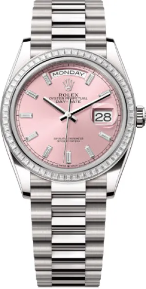   x Day-Date 36 36mm Pink Diamond-Set Dial Diamond-Set Bezel President Bracelet - 128399TBR | 2024 Model Day-Date Watches Affordable Day-Date Watch