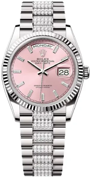   x Day-Date 36 36mm Pink Diamond-Set Dial Fluted Bezel with Diamond-Set President Bracelet - 128239 | 2024 Model Day-Date Watches Affordable Day-Date Watch