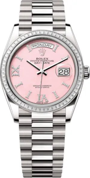   x Day-Date 36 36mm Pink Opal Diamond-Set Dial Diamond-Set Bezel President Bracelet - 128399TBR | 2024 Model Day-Date Watches Affordable Day-Date Watch