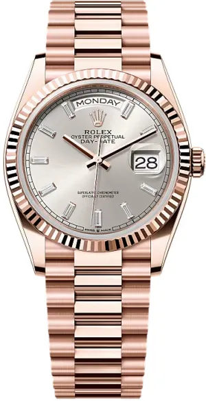   x Day-Date 36 36mm Silver Diamond-Set Dial Fluted Bezel President Bracelet - 128235 | 2024 Model Day-Date Watches Affordable Day-Date Watch