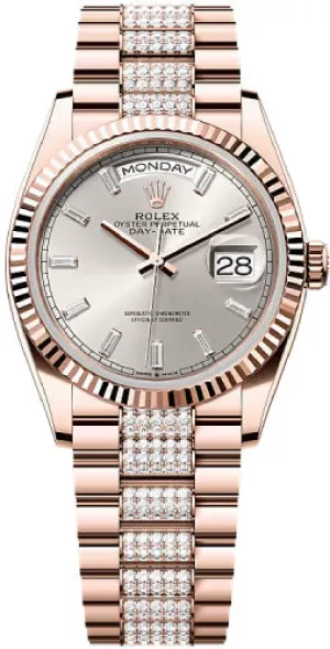   x Day-Date 36 36mm Silver Diamond-Set Dial Fluted Bezel President Bracelet - 128235 | 2024 Model Day-Date Watches Affordable Day-Date Watch