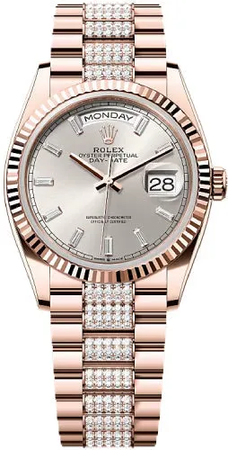   x Day-Date 36 36mm Silver Diamond-Set Dial Fluted Bezel President Bracelet - 128235 | 2024 Model Day-Date Watches Affordable Day-Date Watch
