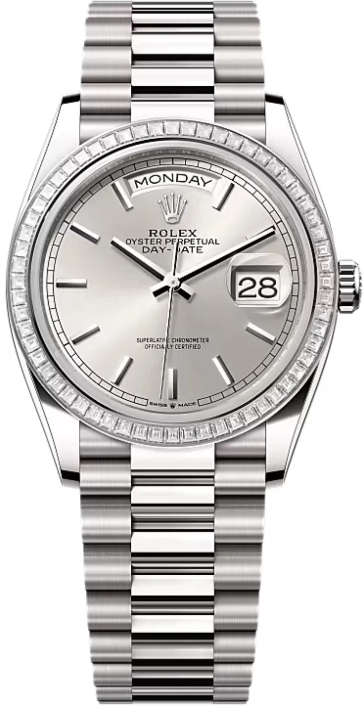   x Day-Date 36 36mm Silver Stick Dial Diamond-Set Bezel President Bracelet - 128399TBR | 2024 Model Day-Date Watches Affordable Day-Date Watch