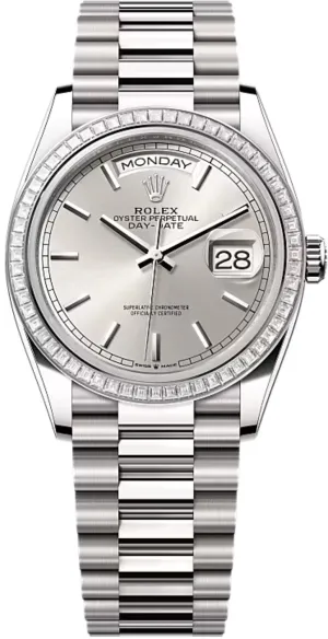   x Day-Date 36 36mm Silver Stick Dial Diamond-Set Bezel President Bracelet - 128399TBR | 2024 Model Day-Date Watches Affordable Day-Date Watch