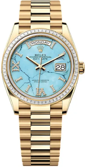   x Day-Date 36 36mm Turquoise Diamond Dial Diamond-Set Bezel President Bracelet - 128398TBR | 2024 Model Day-Date Watches Affordable Day-Date Watch