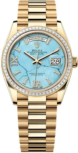   x Day-Date 36 36mm Turquoise Diamond Dial Diamond-Set Bezel President Bracelet - 128398TBR | 2024 Model Day-Date Watches Affordable Day-Date Watch