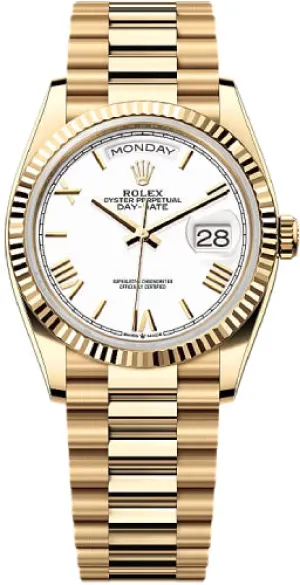   x Day-Date 36 36mm White Dial Fluted Bezel President Bracelet - 128238 | 2024 Model Day-Date Watches Affordable Day-Date Watch