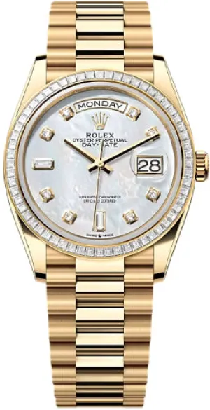   x Day-Date 36 36mm White MOP Diamond Dial Diamond-Set Bezel President Bracelet - 128398TBR | 2024 Model Day-Date Watches Affordable Day-Date Watch