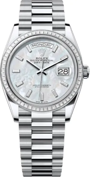   x Day-Date 36 36mm White MOP Diamond-Set Dial Diamond-Set Bezel President Bracelet - 128396TBR | 2024 Model Day-Date Watches Affordable Day-Date Watch